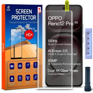 FAVJIP Edge to Edge UV Liquid Glue Quad Curved Tempered Glass Screen Guard Protector for Oppo Reno 12 Pro 5G with Easy Installation Kit - Pack of 1