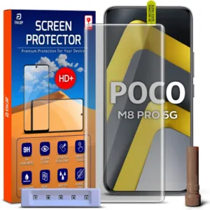FAVJIP Edge to Edge UV Liquid Glue Quad Curved Tempered Glass Screen Guard Protector for Poco M8 Pro 5G with Easy Installation Kit - Pack of 1