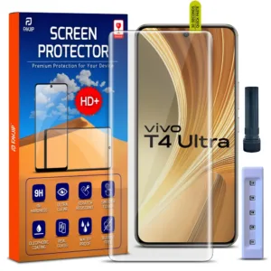 FAVJIP Edge to Edge UV Liquid Glue Quad Curved Tempered Glass Screen Guard Protector for Vivo T4 Ultra 5G with Easy Installation Kit - Pack of 1
