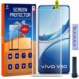 FAVJIP Edge to Edge UV Liquid Glue Quad Curved Tempered Glass Screen Guard Protector for Vivo V50 5G with Easy Installation Kit - Pack of 1